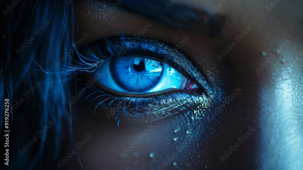Close-up of a woman's eye with striking blue color and droplets, highlighting detailed features Close-up of a woman's eye with striking blue color and droplets, highlighting detailed features