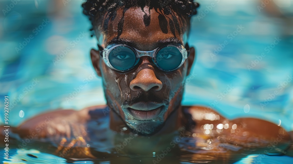 Fototapeta premium Young swimmer emerges from water wearing goggles at a pool on a sunny day