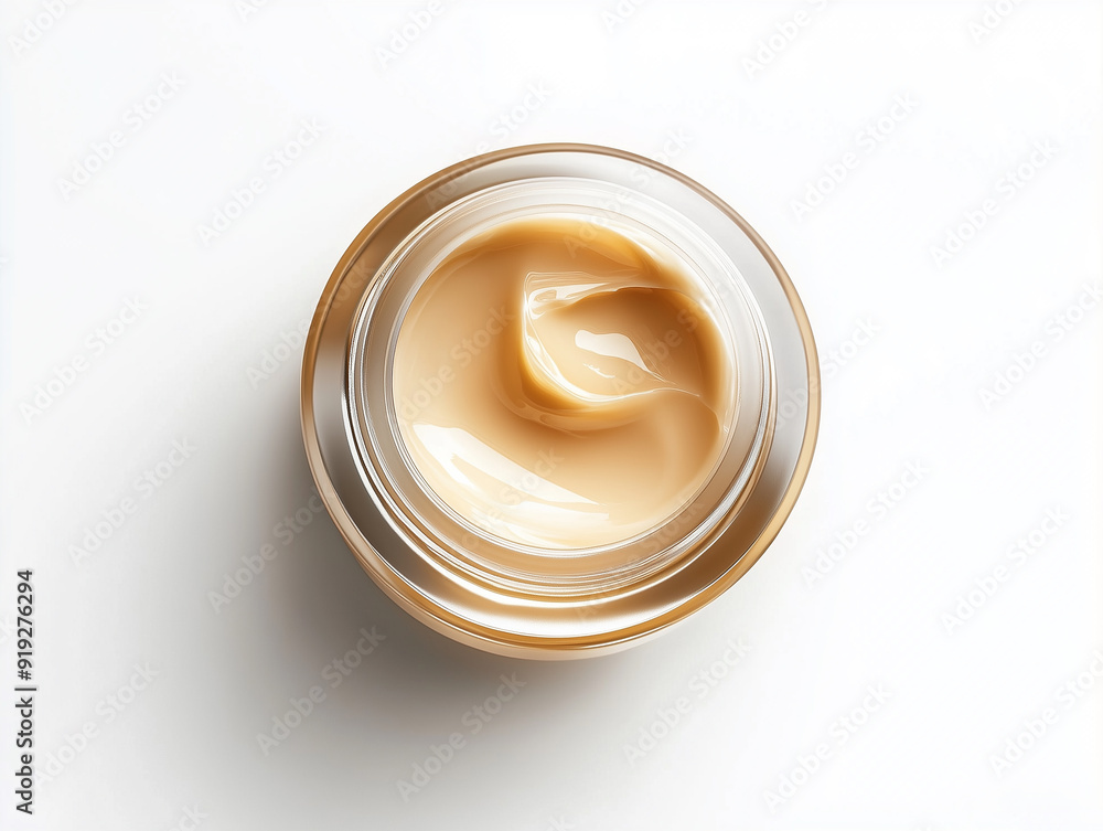 Creamy skincare product in a round glass container on a white background Creamy skincare product in a round glass container on a white background