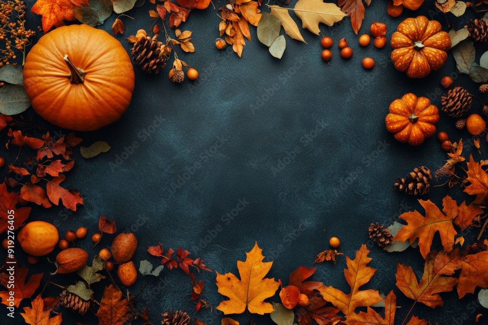A dark and moody autumn scene with pumpkins, pinecones, and colorful fall leaves, creating a perfect backdrop for the fall season. A dark and moody autumn scene with pumpkins, pinecones, and colorful fall leaves, creating a perfect backdrop for the fall season.