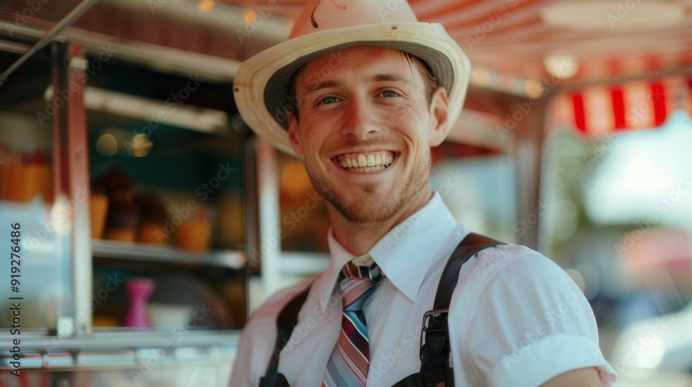 Obraz premium Smiling worker of a beautiful ice cream truck with ice cream