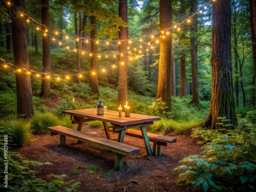 A serene summer evening forest setting with a wooden picnic table adorned with festive lights, surrounded by lush greenery, evoking a sense of warmth and tranquility.