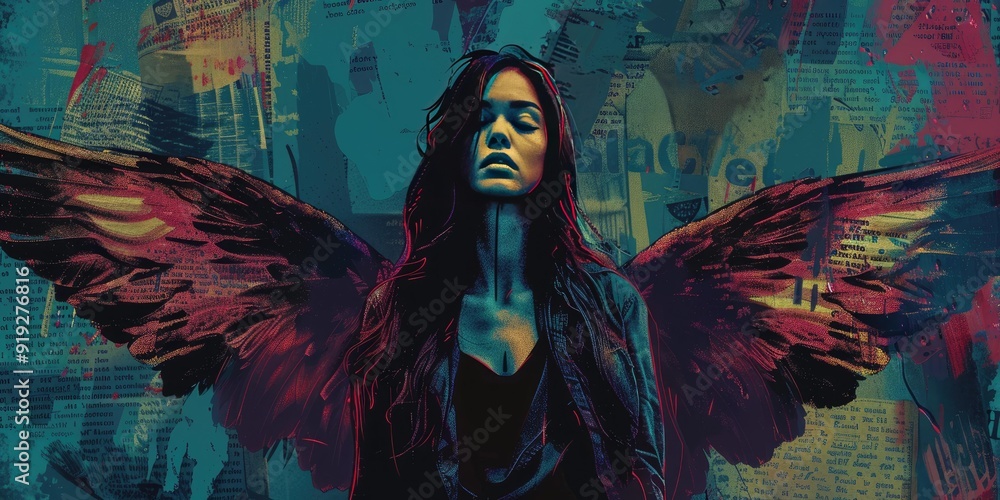A woman with wings in an abstract painting. A woman with wings in an abstract painting.