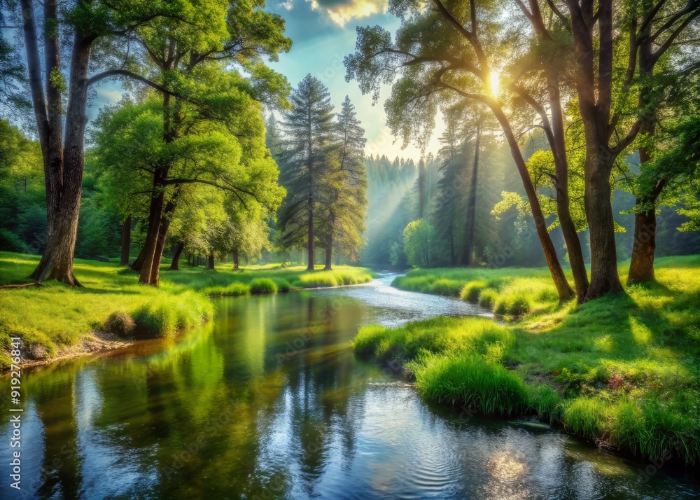 Serene forest landscape with meandering river flowing gently through lush green grass and towering trees, surrounded by crystal clear water and vibrant foliage. Serene forest landscape with meandering river flowing gently through lush green grass and towering trees, surrounded by crystal clear water and vibrant foliage.