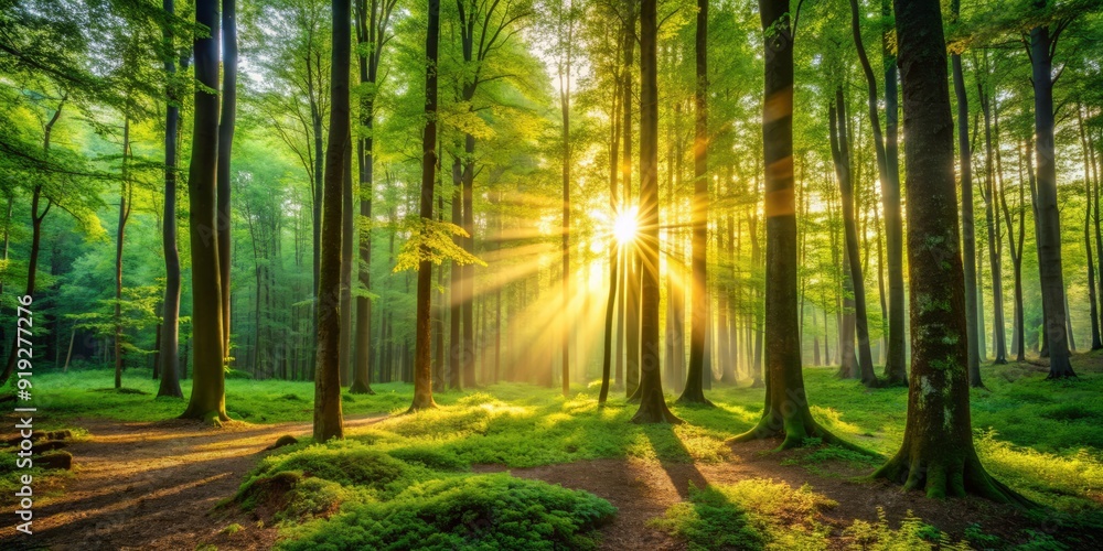 Obraz premium Serene forest landscape with warm sunlight filtering through lush green trees, evoking feelings of calmness and tranquility, perfect for promoting mental wellness and relaxation.