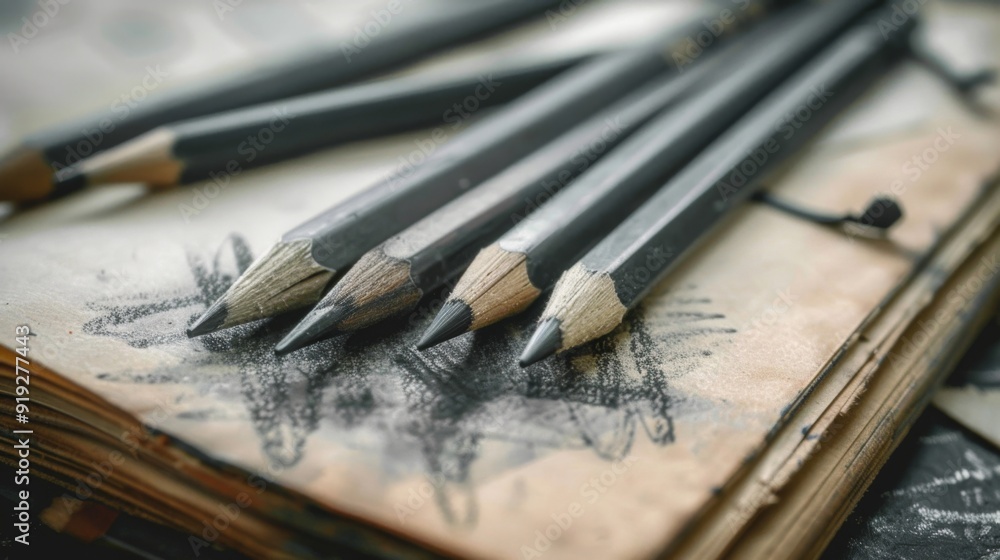 Fototapeta premium An open art sketchbook with pencils and charcoal, showcasing the creative exploration involved in art education.