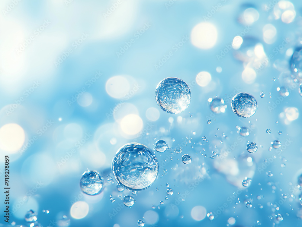 Water droplets scatter on a light blue background, creating a sparkling effect during a sunny day Water droplets scatter on a light blue background, creating a sparkling effect during a sunny day