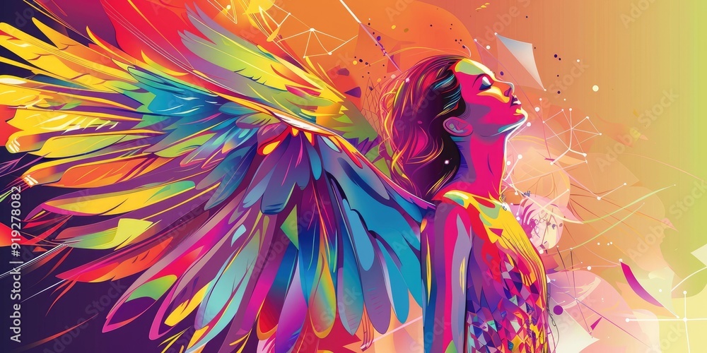 Naklejka premium Abstract art with colorful wings and a woman.