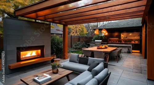 Modern outdoor patio with a fireplace, seating area, dining table, and outdoor kitchen under a wooden pergola with autumn foliage in the background.