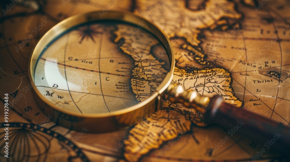 Fototapeta premium Close-up of a magnifying glass over a detailed map, illustrating the focus and attention to detail required in geographical studies.