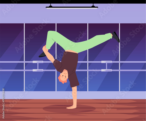 Break dancer boy showing dynamic pose stands on one hand, vector cartoon hip hop dance performance in gym