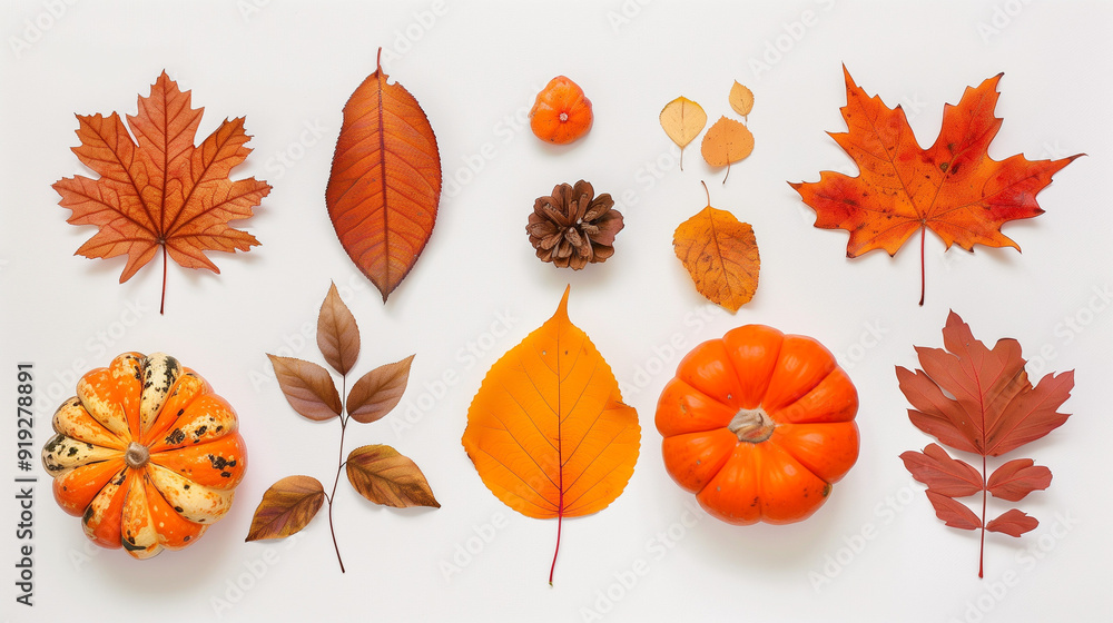 Fototapeta premium Autumn Leaves And Pumpkins Decor On White Background