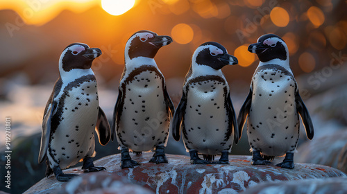 African penguins are walking on a rocky beach 