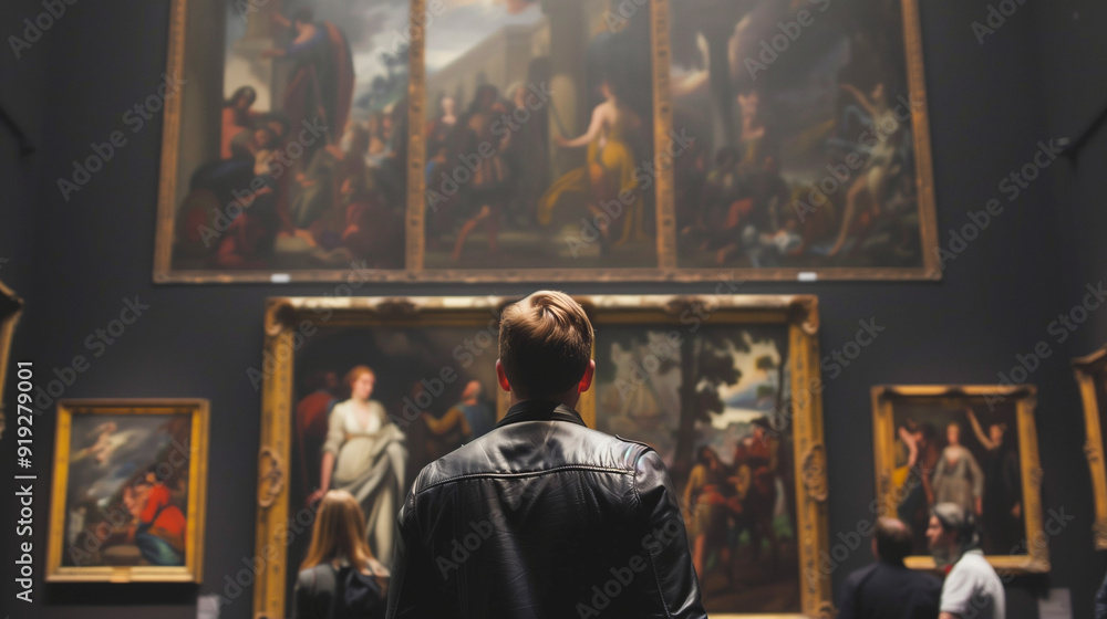 Adult Man Admiring Paintings in a Museum Art Gallery Adult Man Admiring Paintings in a Museum Art Gallery