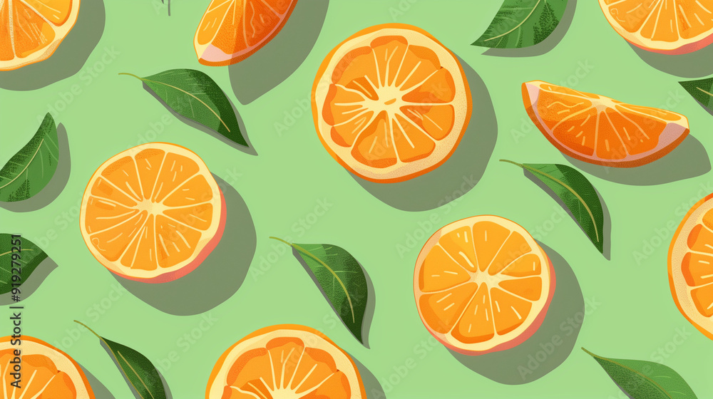 Vibrant Orange Slices And Green Leaves Pattern On Green Background Vibrant Orange Slices And Green Leaves Pattern On Green Background