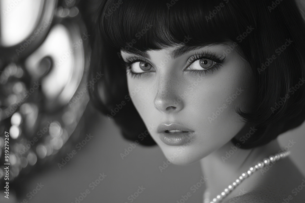 Obraz premium A mob wife with a sleek bob haircut, adjusting her pearl necklace in front of an ornate mirror,