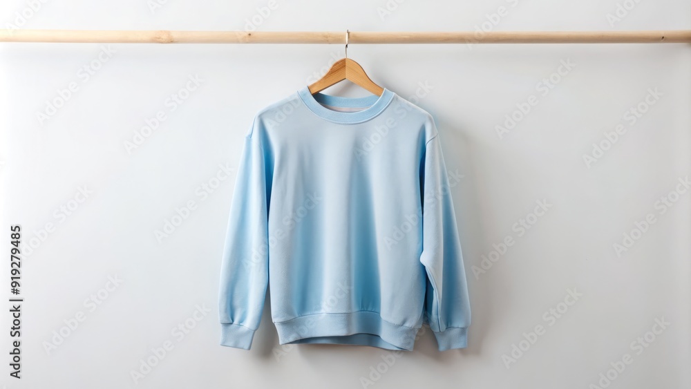 A soft, pastel blue sweatshirt with a relaxed fit and crew neck hangs from a wooden hanger against a clean, white background. A soft, pastel blue sweatshirt with a relaxed fit and crew neck hangs from a wooden hanger against a clean, white background.