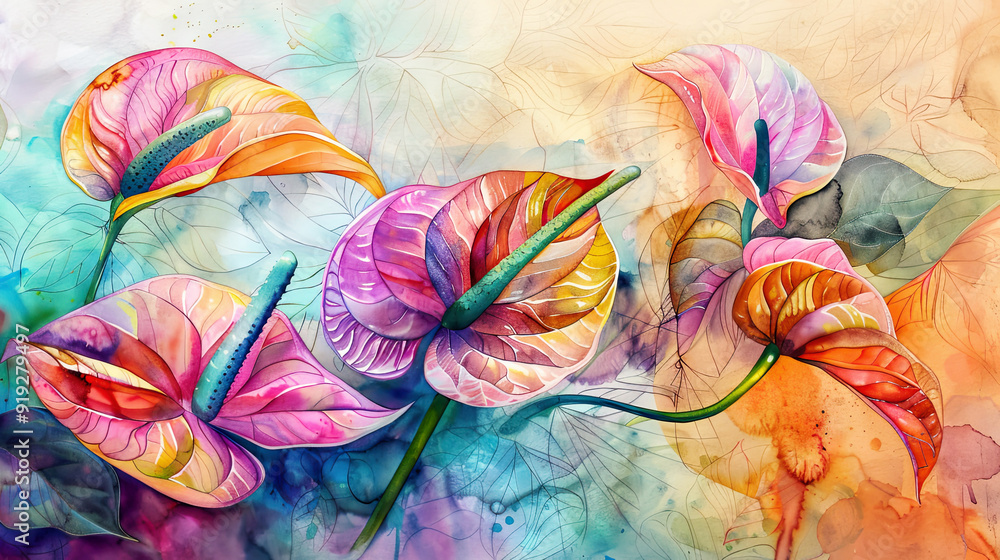 custom made wallpaper toronto digitalA beautiful Colorful Watercolor Painting Of Anthurium Energetic Composition,Textured Paper Background