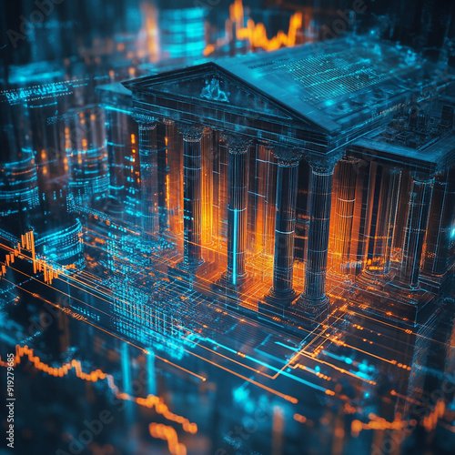 bank decreased interest rate shown by futuristic graphs from a birds eye view 
