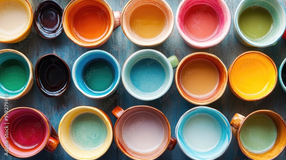 A vibrant array of colorful pearl milk tea cups, each attracting attention with their bold hues and inviting presentation, with space for advertising. A vibrant array of colorful pearl milk tea cups, each attracting attention with their bold hues and inviting presentation, with space for advertising.