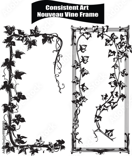 Consistent Art Nouveau Vino Frame Dark Silhouette Shapes Vector Set