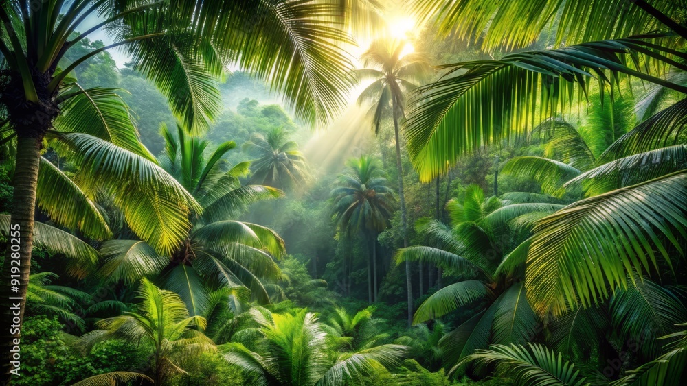 Exotic tropical forest, lush palm leaves, wild jungle trees, panoramic tropical plant wallpaper Exotic tropical forest, lush palm leaves, wild jungle trees, panoramic tropical plant wallpaper