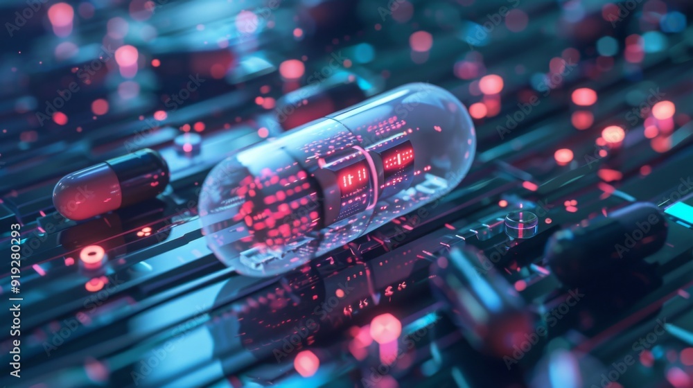 Conceptual design of a smart pill with digital monitoring capabilities, showcasing innovation in drug delivery and patient care.