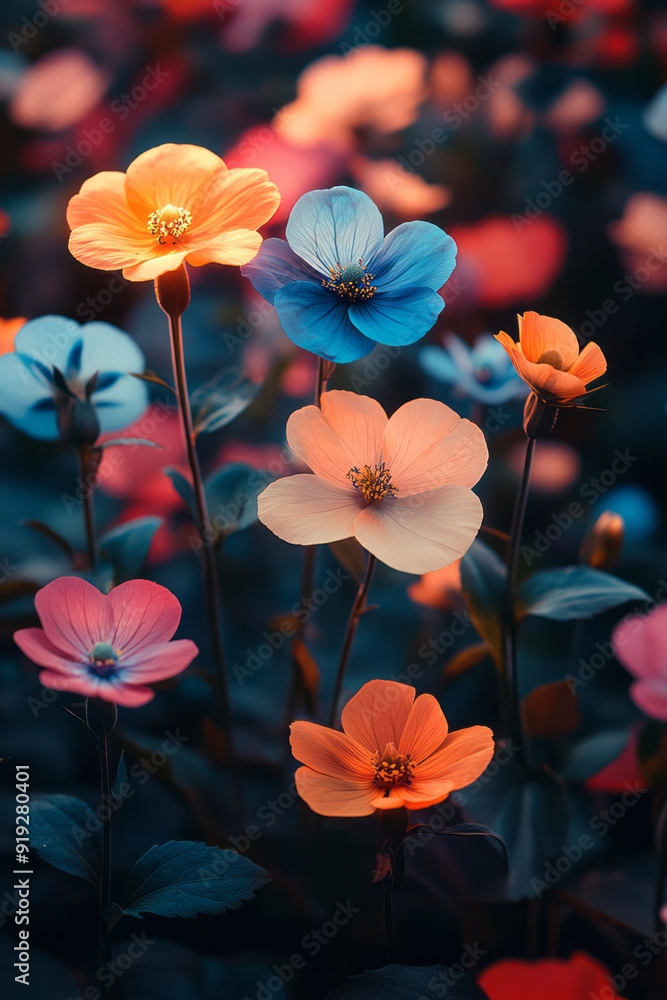 A garden of flowers, each bloom glowing with its own hue, creating a chromatic rhapsody as they sway in the breeze, A garden of flowers, each bloom glowing with its own hue, creating a chromatic rhapsody as they sway in the breeze,