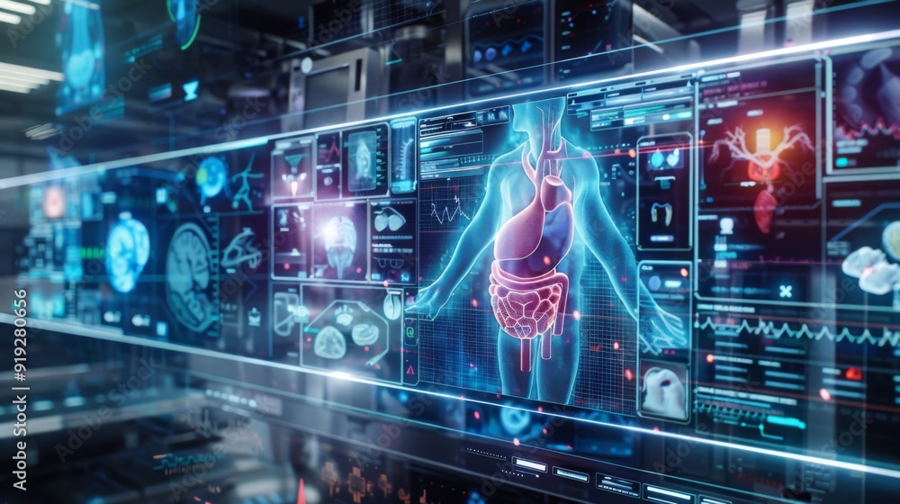 Conceptual image of a digital organ transplant system with holographic displays, showcasing advancements in surgical planning and precision medicine. Conceptual image of a digital organ transplant system with holographic displays, showcasing advancements in surgical planning and precision medicine.
