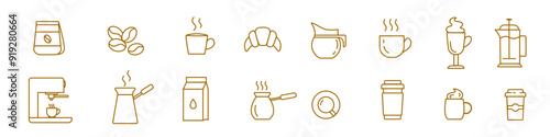 Linear web icons of coffee or tea cups. Late, espresso, ice, coffee maker, coffee beans, cup, croissant. Outline icons in linear style. Vector illustration.
