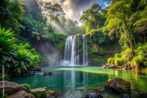 Vibrant tropical forest surrounds a serene lake, with a massive waterfall cascading over giant boulders, creating a misty veil in the lush green background.