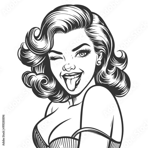 woman playfully winking and sticking out her tongue, exuding charm and humor sketch engraving generative ai fictional character vector illustration. Scratch board imitation. Black and white image.