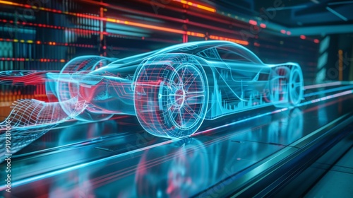 Conceptual image of aerodynamics engineering with wind tunnel designs and flow patterns, showcasing advancements in vehicle performance.