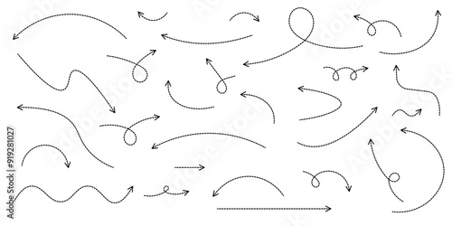 Set of black dotted arrows in doodle style. Broken arrows in the form of a loop. Flow direction. Pointers to the wire, up, down. Curved line. Vector illustration.