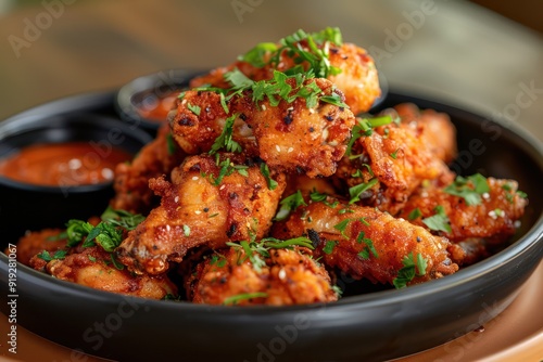 Plate of Crispy Fried Chicken Wings with Dipping Sauce