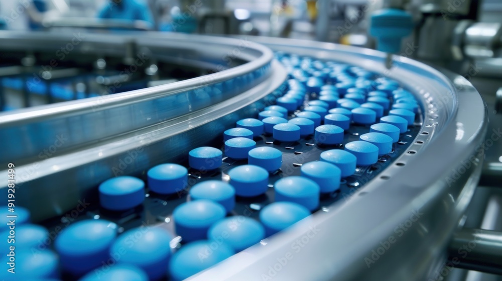 Fototapeta premium Conveyor Belt with Blue Pills in Pharmaceutical Factory