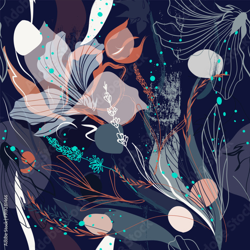 Abstract vector floral pattern with lined cosmos. Meadow plants, leaves, leaf...