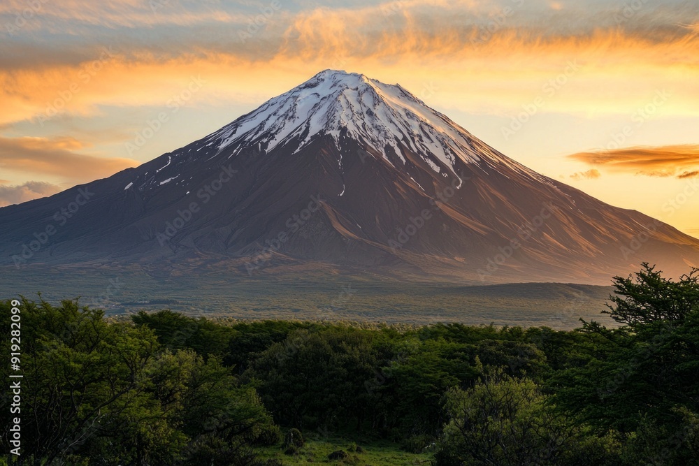 A white snow-capped mountain peak rising above a green forest, during sunrise. A white snow-capped mountain peak rising above a green forest, during sunrise.