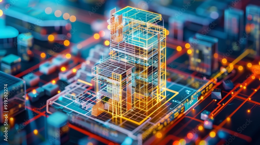 Obraz premium Digital construction technology with virtual blueprints and 3D models, showcasing tech innovations in building and design.