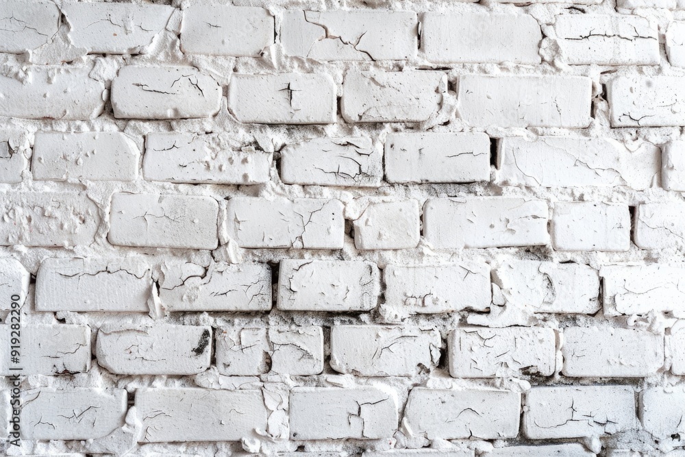 Fototapeta premium A worn-out white brick wall with cracks and faded paint