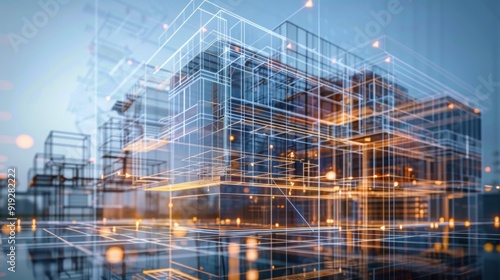 Fototapeta Naklejka Na Ścianę i Meble -  Digital construction technology with virtual blueprints and 3D models, showcasing tech innovations in building and design.