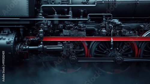 Close-up shot highlighting the intricate and detailed parts of a steam locomotive, showcasing the complexity and engineering marvels of early train technology.