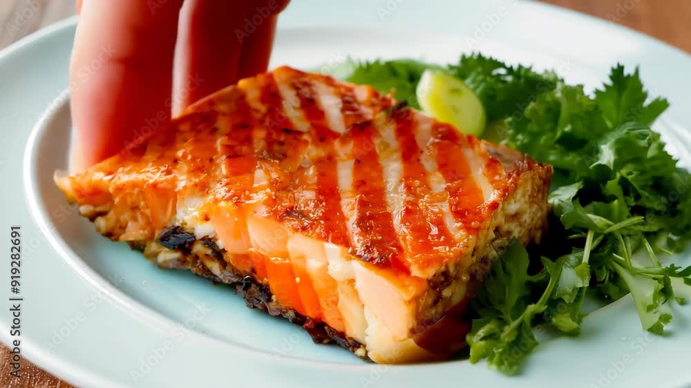 A man prepares a healthy dish with salmon and vegetables in the kitchen, a symbol of a balanced diet and a healthy lifestyle. A man prepares a healthy dish with salmon and vegetables in the kitchen, a symbol of a balanced diet and a healthy lifestyle.