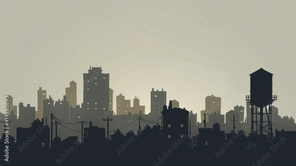 Naklejka premium minimalism illustration, silhouette of a city skyline with residential buildings and a water tower, flat illustration on soft gray background, empty copy space, lofi style illustration