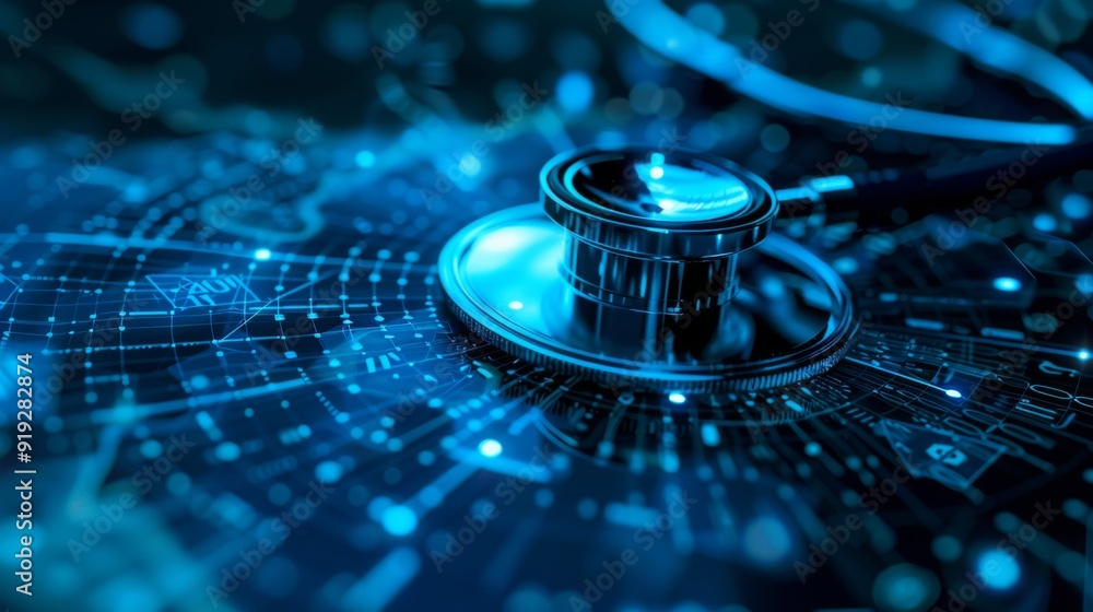 Digital health technology with virtual stethoscopes and data streams, emphasizing telemedicine and the future of healthcare innovation. Digital health technology with virtual stethoscopes and data streams, emphasizing telemedicine and the future of healthcare innovation.
