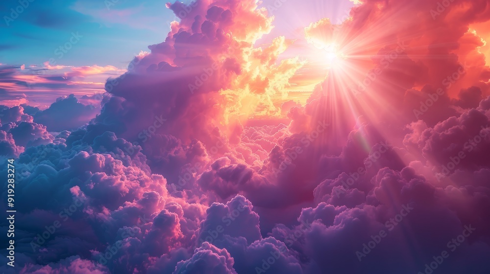 Colorful sunset sky with vibrant clouds and sunlight streaming through Colorful sunset sky with vibrant clouds and sunlight streaming through
