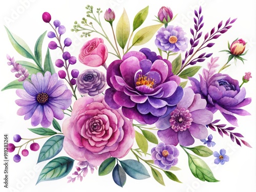 Vibrant purple watercolor floral illustrations showcasing various flower types, delicately arranged on a pristine white background, ideal for decorative designs and digital creations.