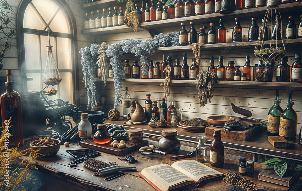 Old apothecary room with shelves created with Generative AI technology Old apothecary room with shelves created with Generative AI technology