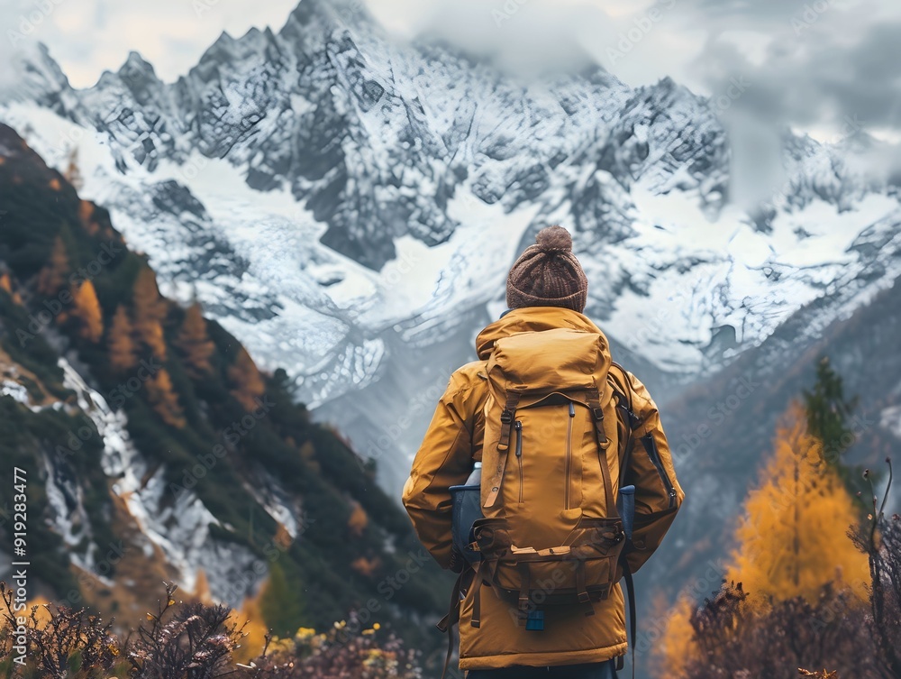 Hiker admiring snow-capped mountains during autumn in a scenic landscape Hiker admiring snow-capped mountains during autumn in a scenic landscape