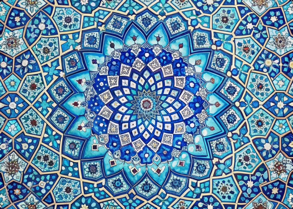 Intricate Islamic geometric patterns and arabesque designs in soothing cool blue hues create a visually stunning and serene background for various design applications. Intricate Islamic geometric patterns and arabesque designs in soothing cool blue hues create a visually stunning and serene background for various design applications.